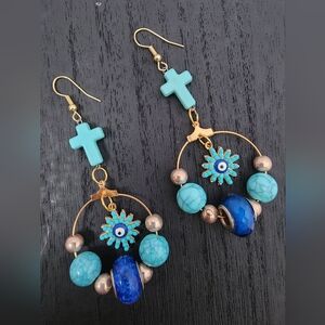 BrazenSoul Turquoise Cross & Evil Eye Boho Statement Earrings